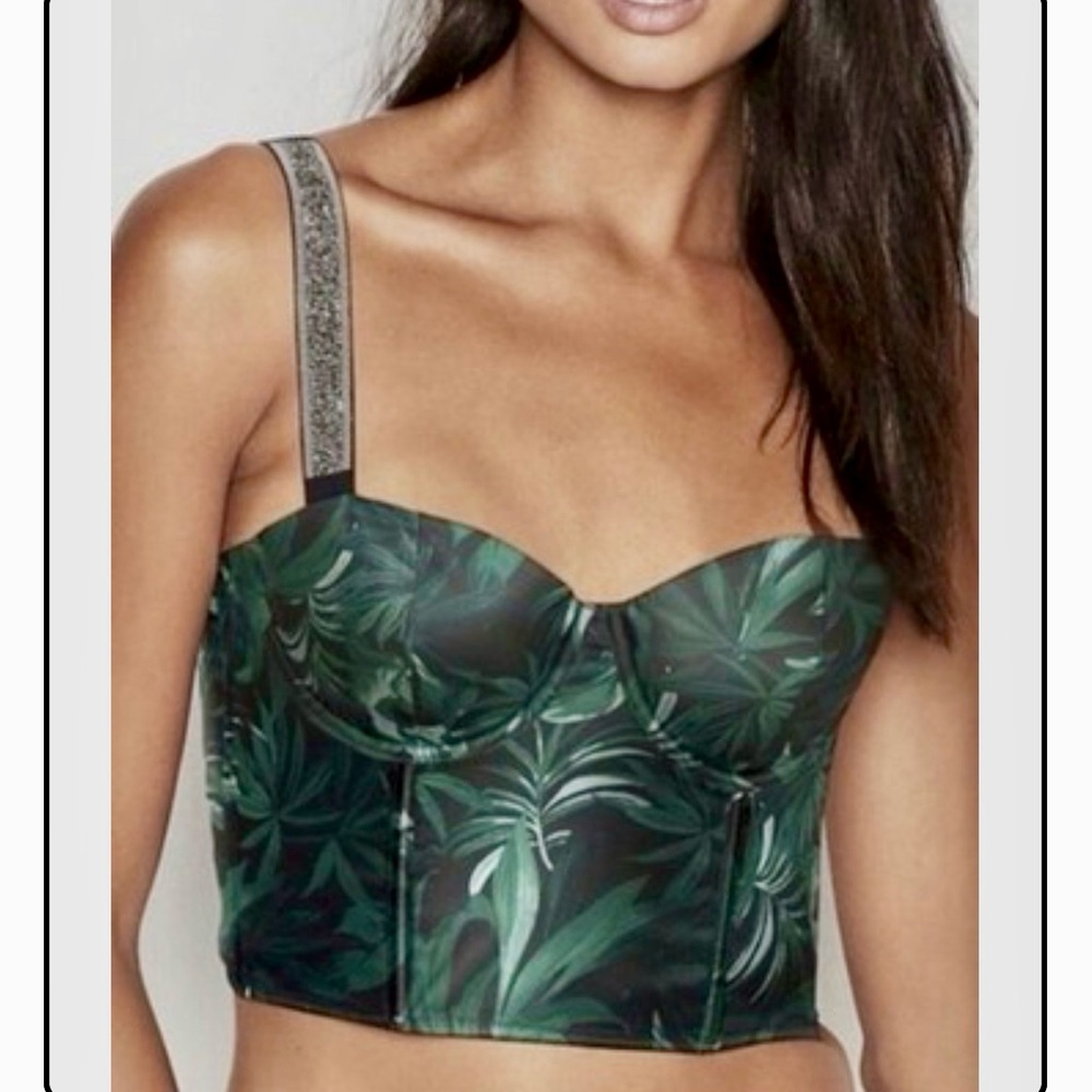 Victoria's Secret Dark Green Tropical Bralette w/Embellished Rhinestone Straps